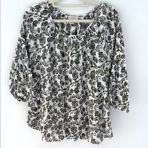 LOFT Brown and White Tie Front Gauzy Blouse Size L